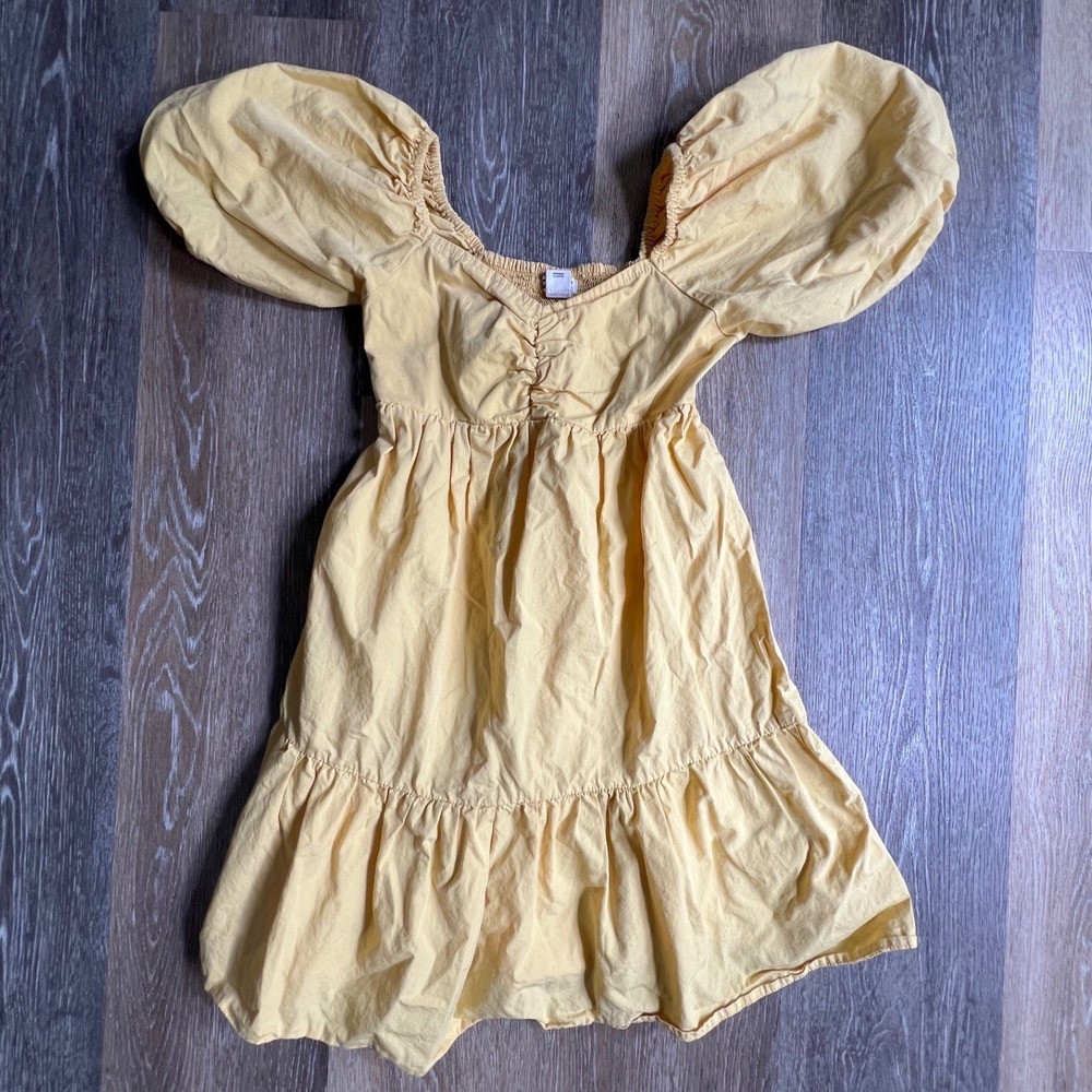Billabong‎ Puff Sleeve Mini Dress Womens XS Yellow Tiered Smocked Back Cotton